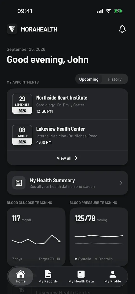 MoraHealth iPhone uygulaması ana ekranı