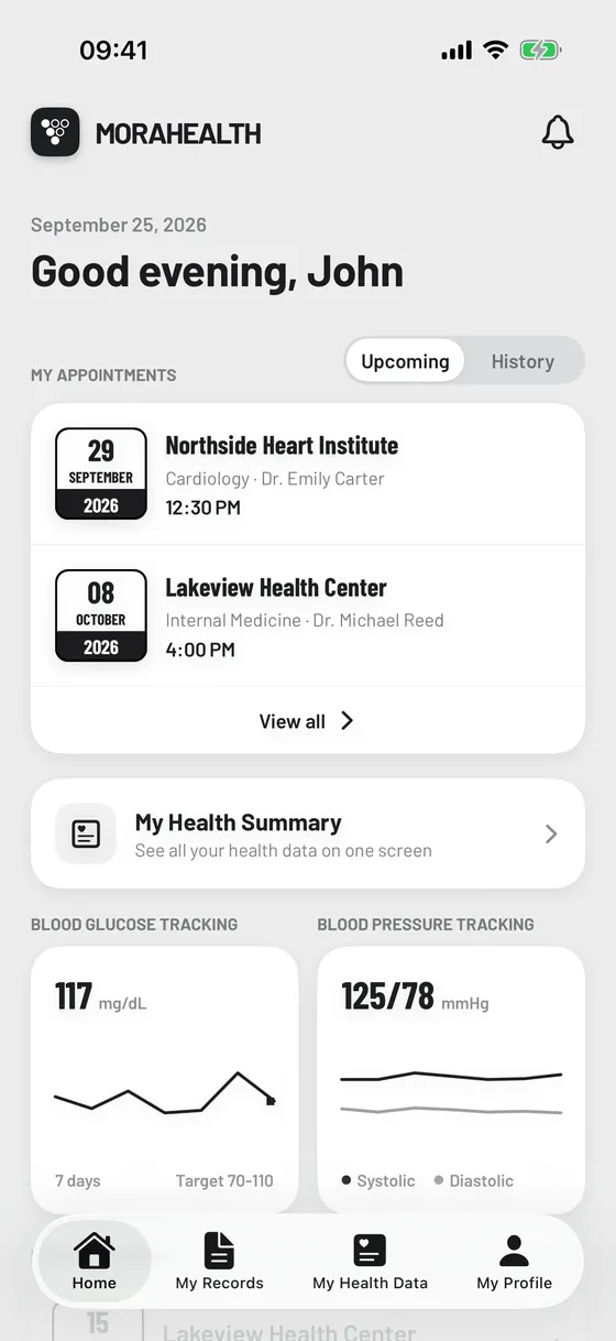 MoraHealth iPhone uygulaması ana ekranı
